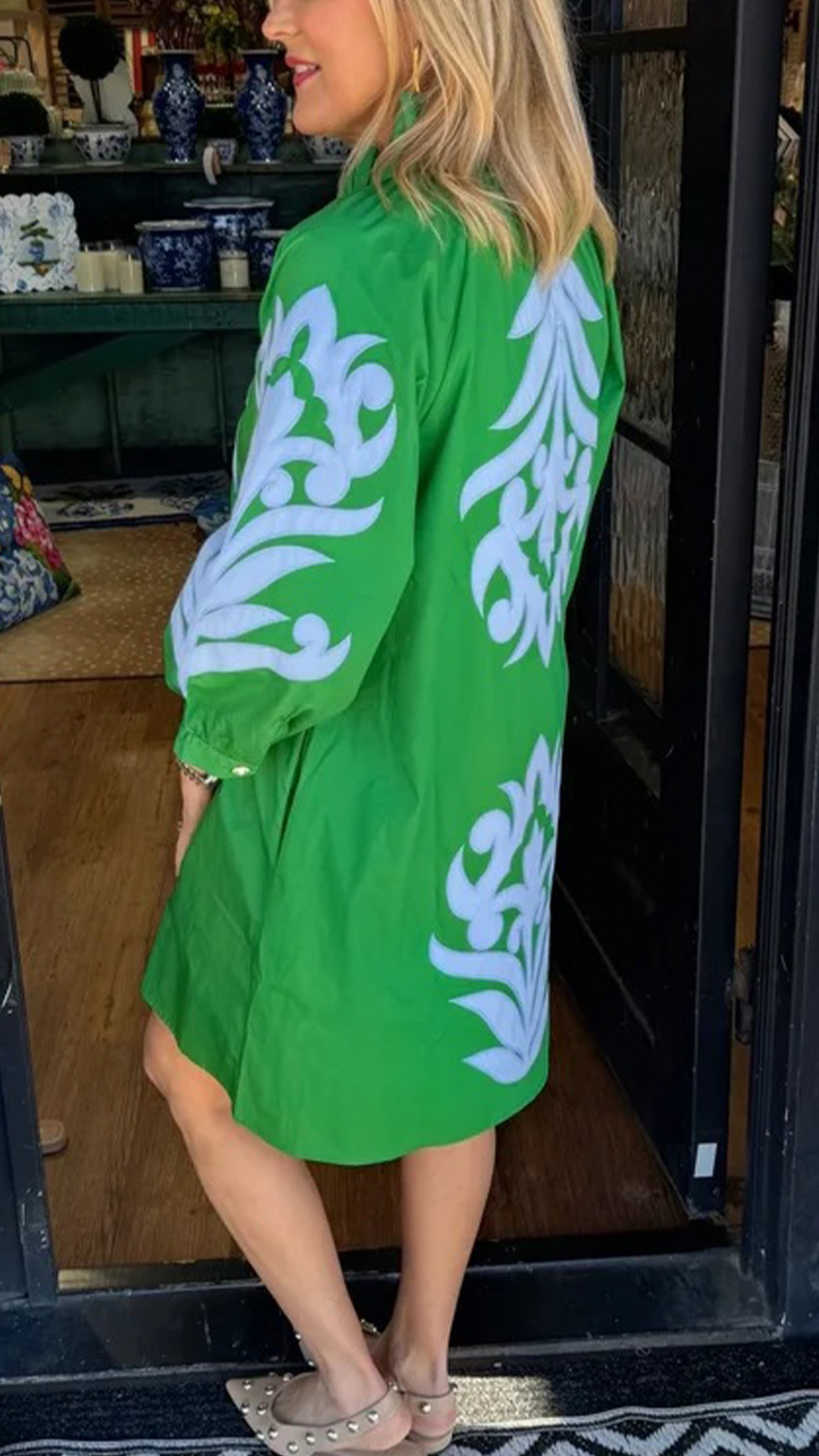 Women's Stand Collar 3/4 Sleeve Printed Loose Shirt Mini Dress