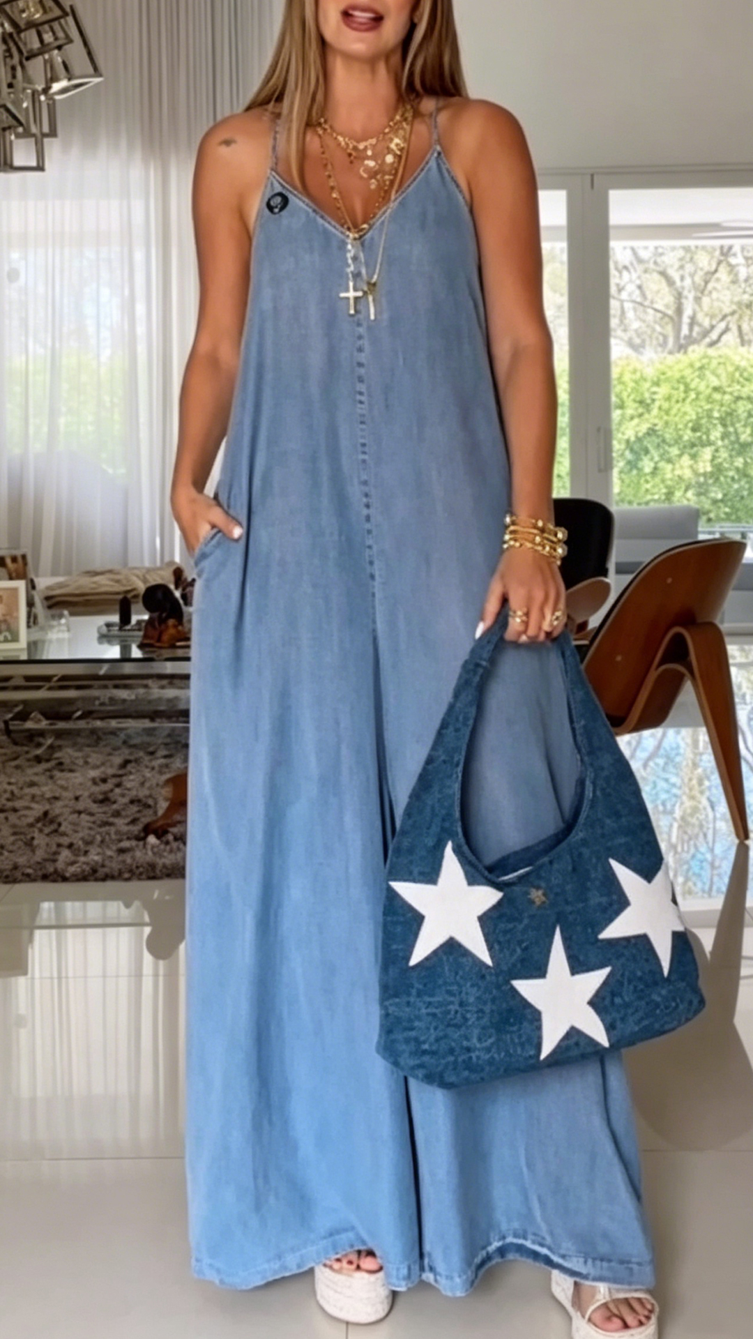 Women's V-Neck Spaghetti Strap Denim-Like Loose Wide Leg Polyester Jumpsuit