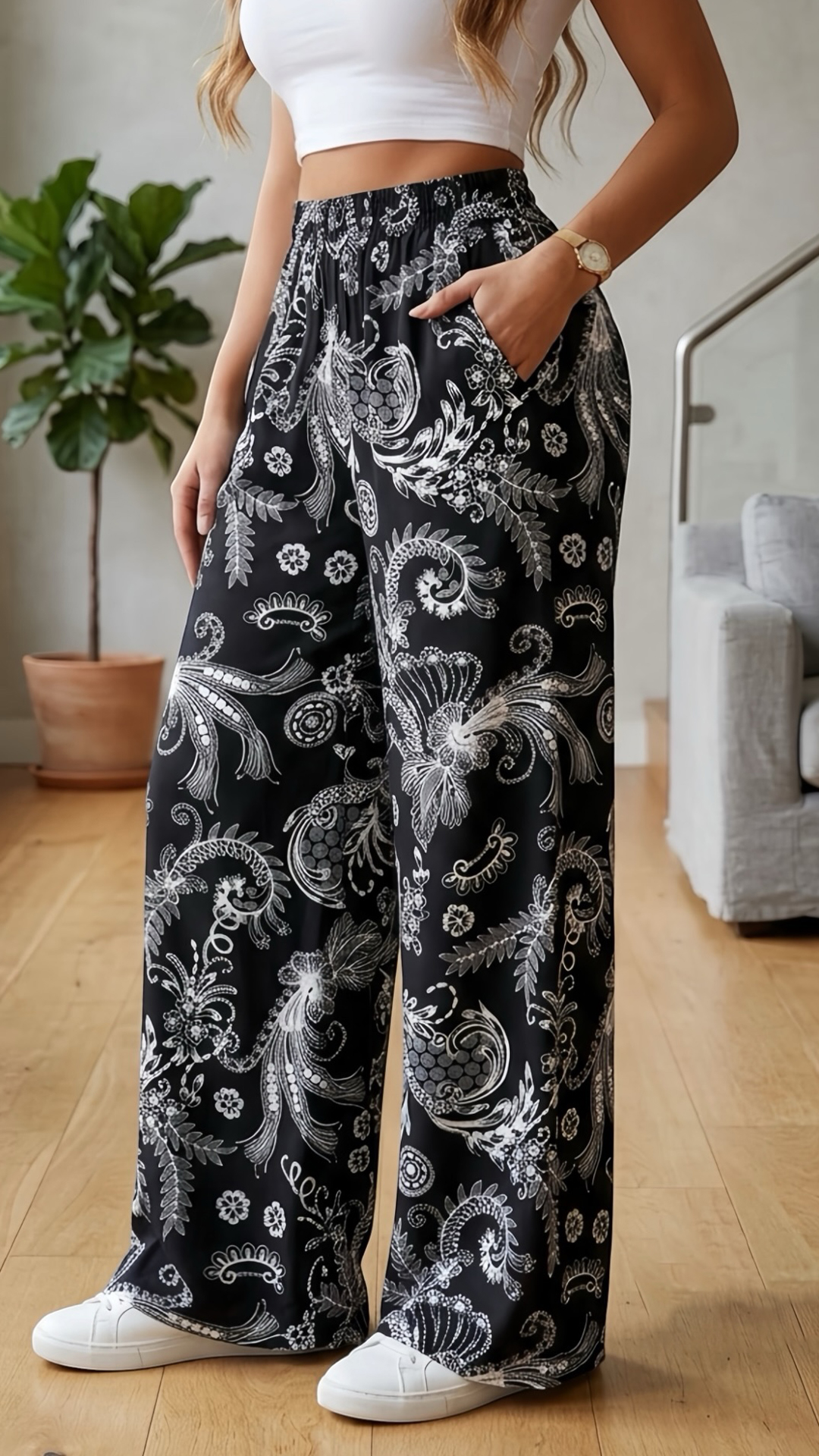 Women's  Elastic Waist Retro Print Loose Wide Leg Polyester Pants