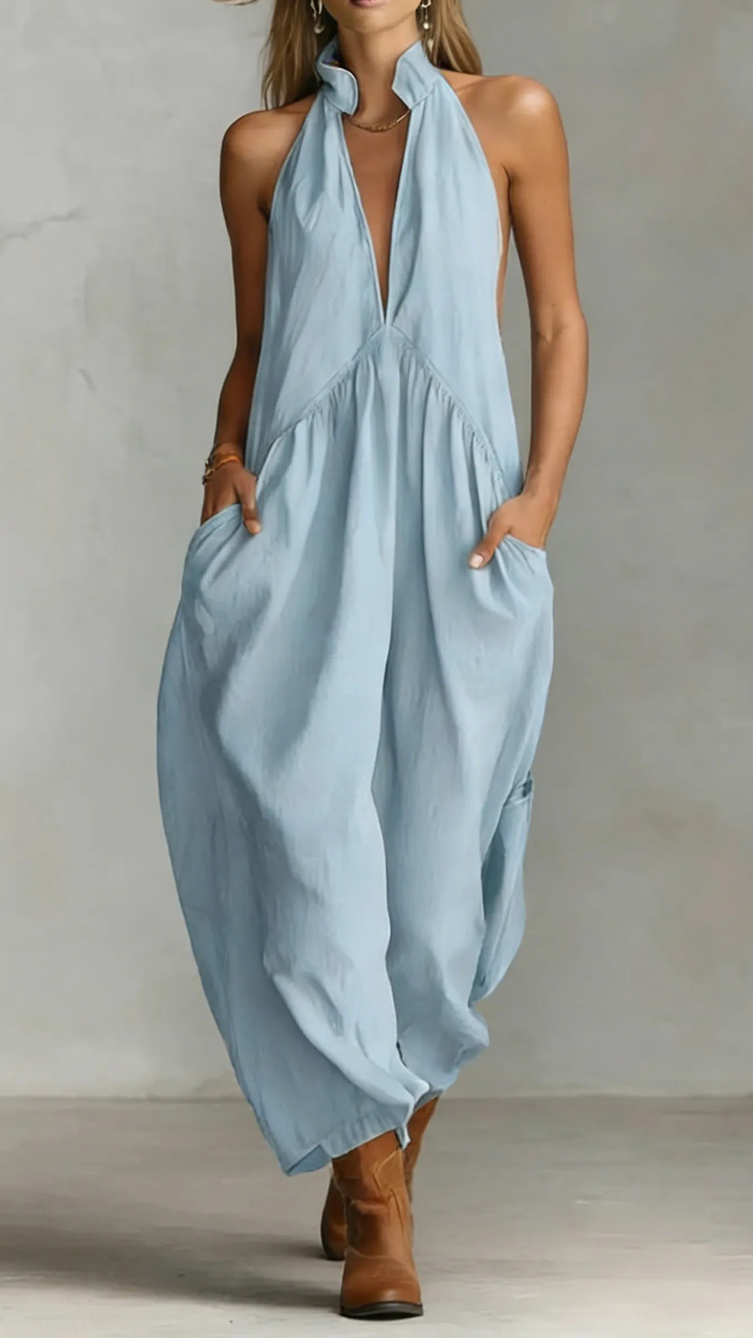 Women's Cotton-Linen Halter-Neck Wide-Leg Jumpsuit