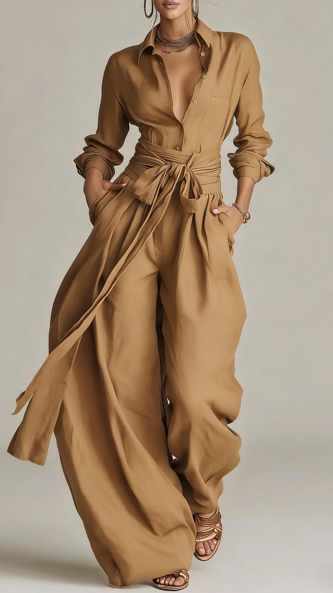 Women's  Cotton-Linen Shirt & Wide-Leg Pants Set with Belt