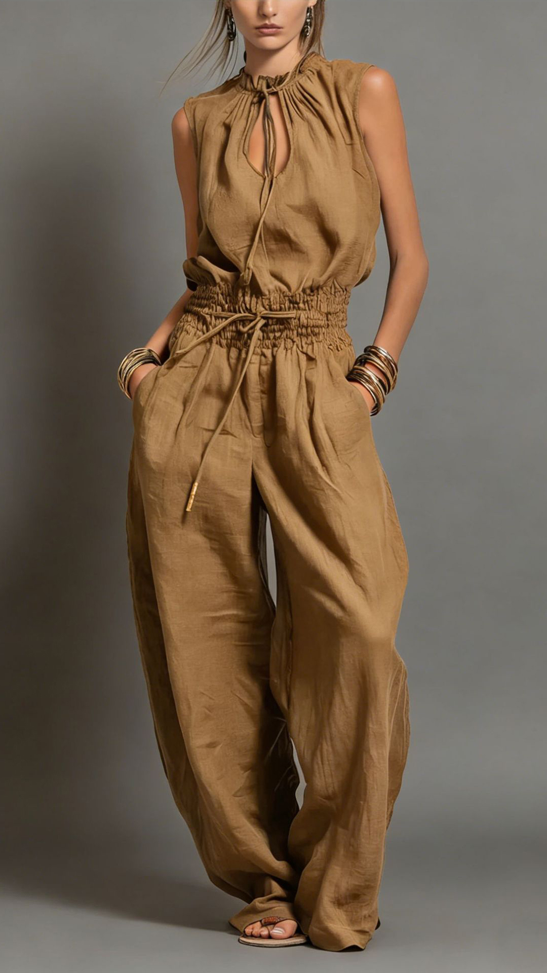 Women's Cotton-Blend Light Beige Waisted Sleeveless Jumpsuit