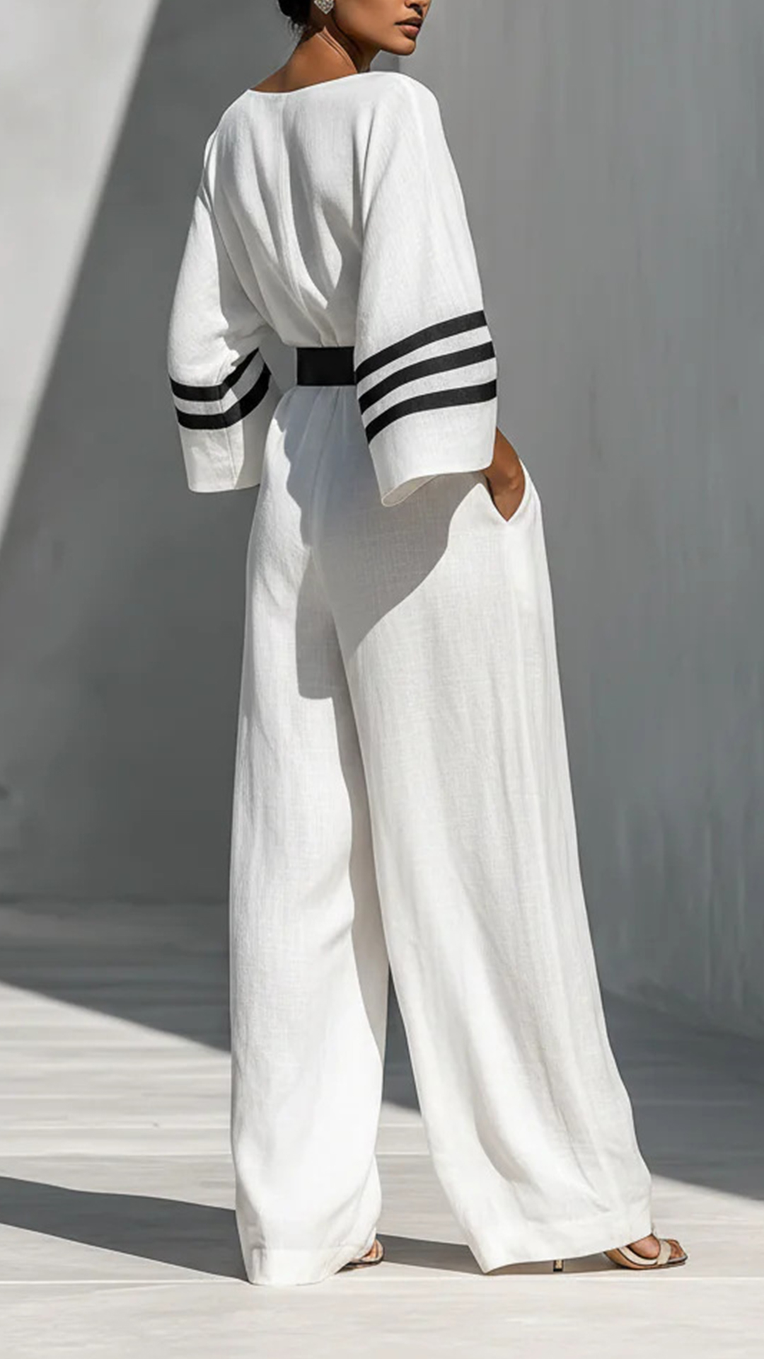 Women's Cotton-blend Striped Waist-cinching Wide-leg Jumpsuit