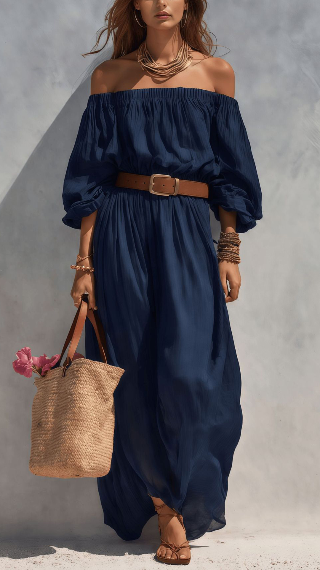 Women's Cotton‑blend Off‑the‑Shoulder Puff‑Sleeve Belted Wide‑Leg Jumpsuit