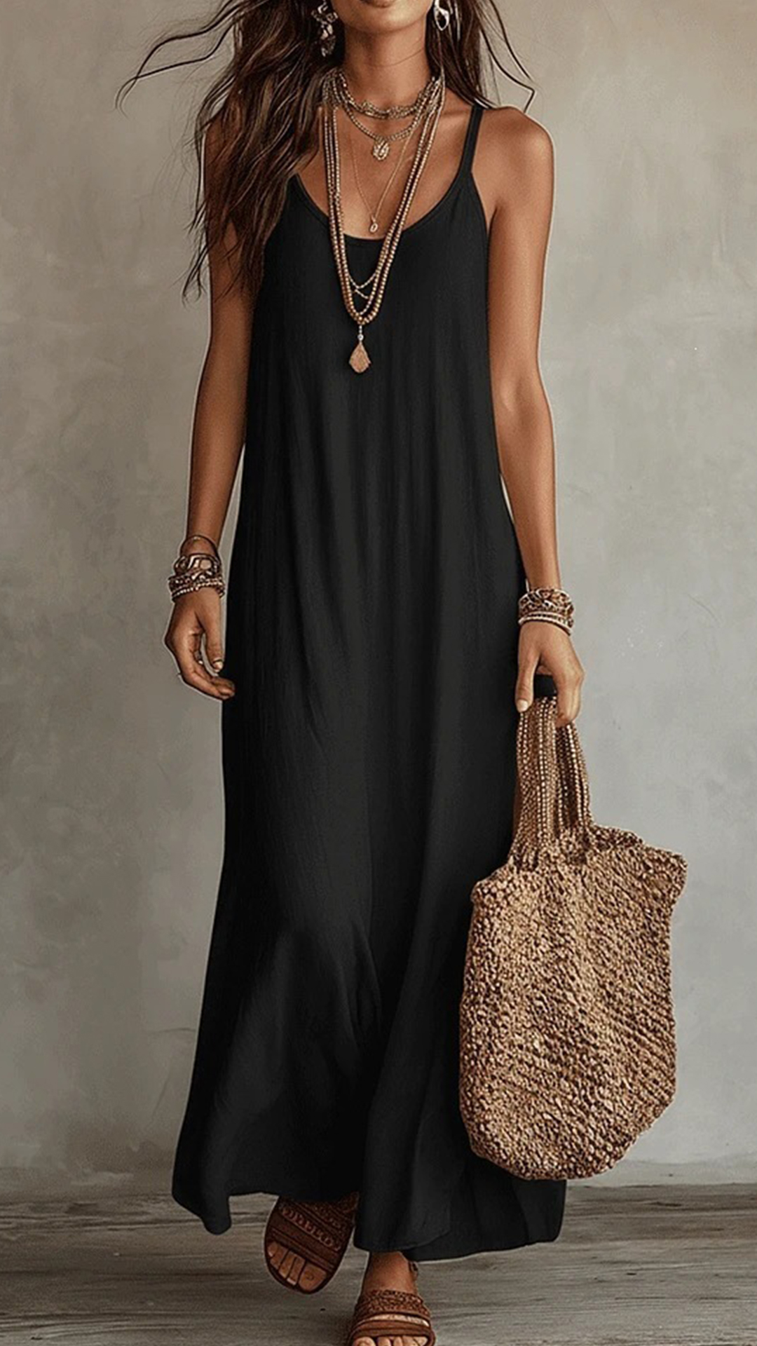 Women's Cotton‑blend Thin‑Strap U‑Neck Loose Maxi Dress