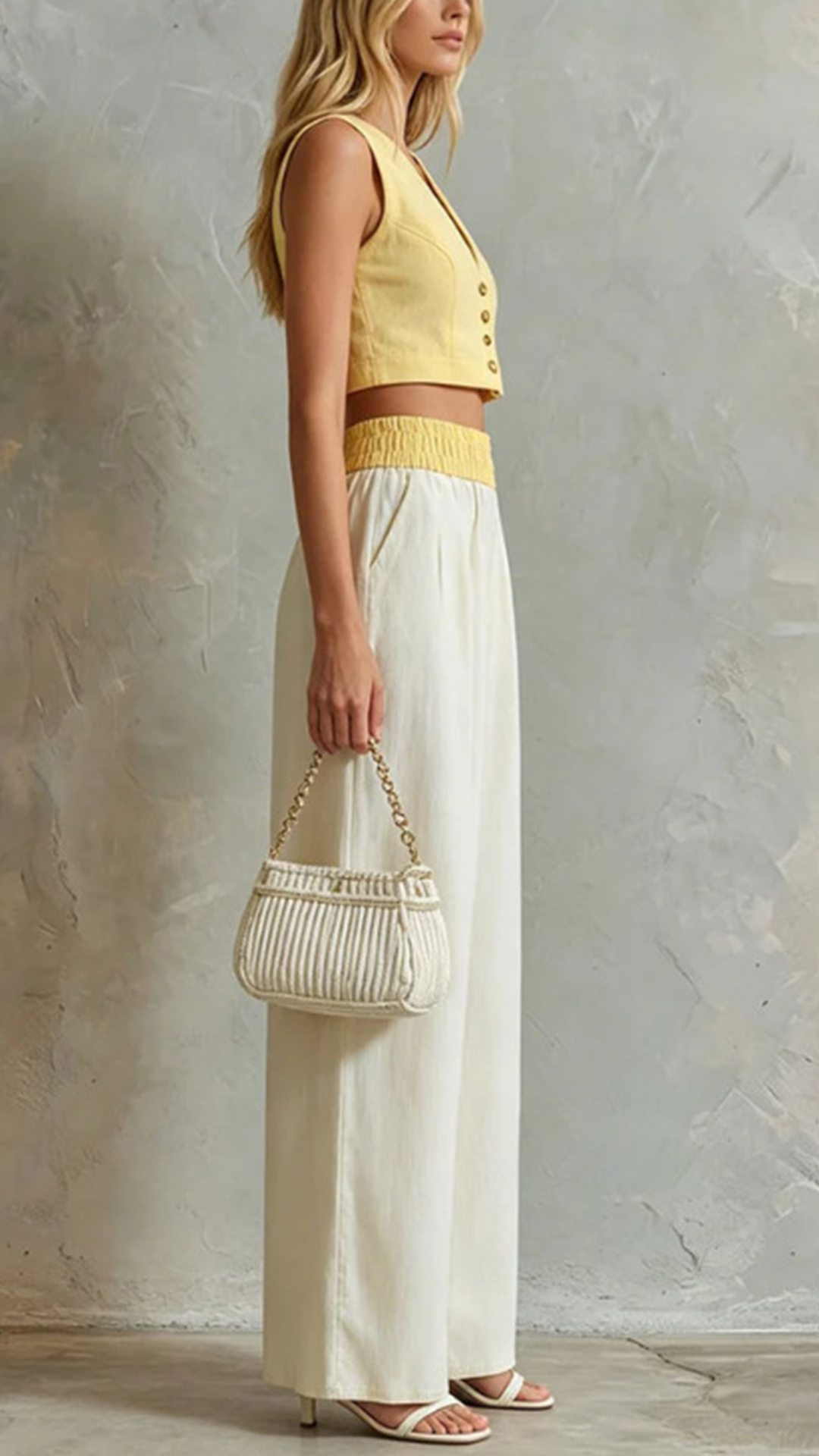 Women's Cotton‑blend V‑Neck Button‑Front Vest Elastic‑Waist Wide‑Leg Pant Set