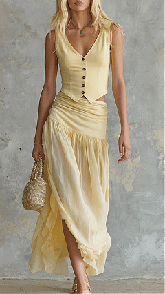Women's Cotton-blend V-neck Buttoned Ruched Midi Skirt Set