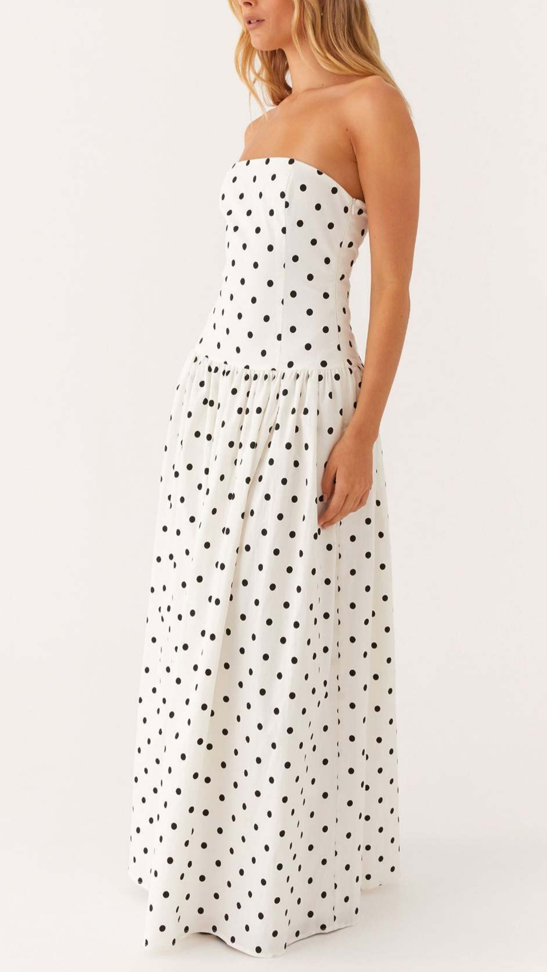 Women's Cotton‑blend Strapless Polka‑dot Gathered Flared Maxi Dress