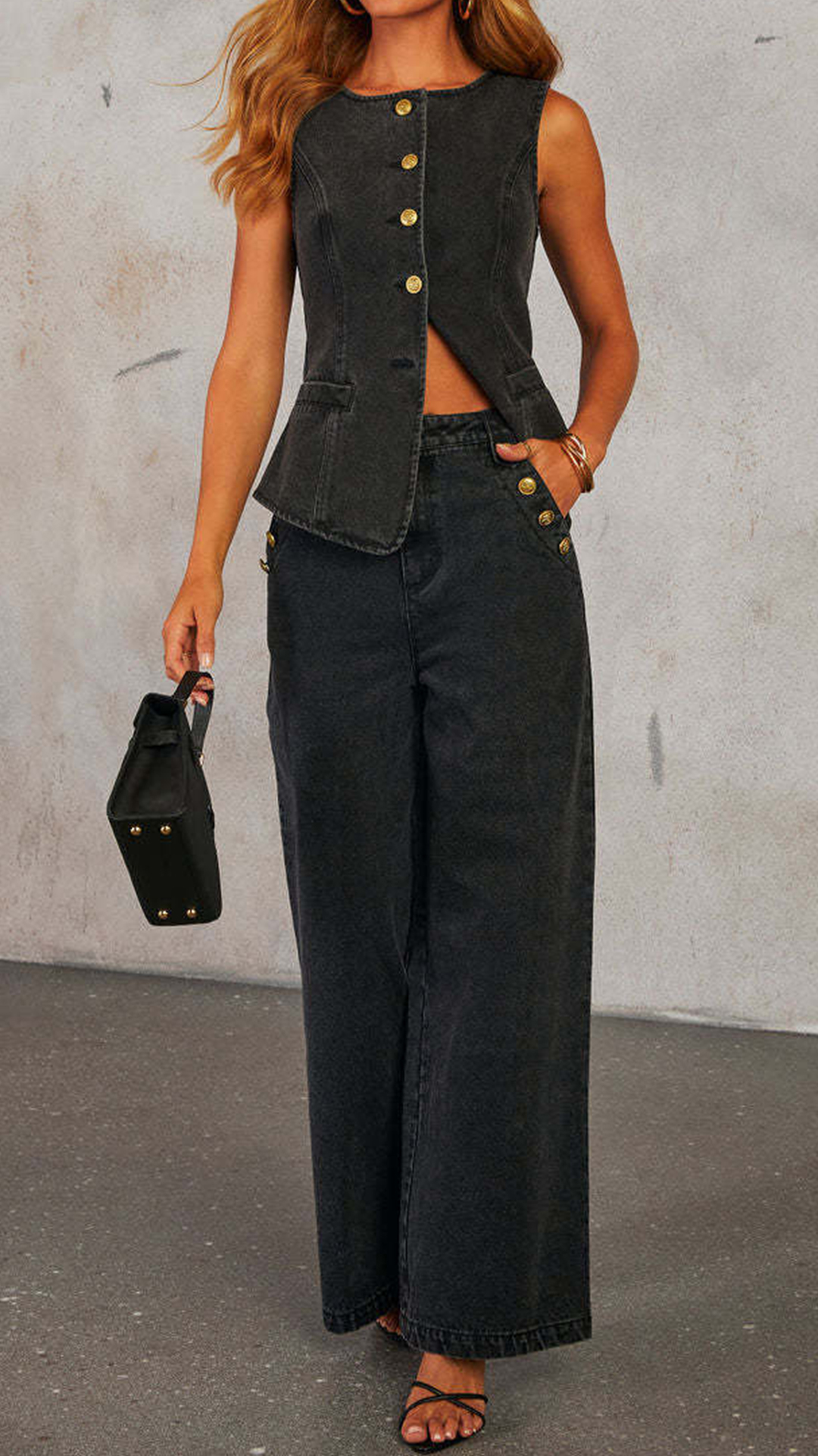 Women's Denim Sleeveless Waistcoat & Wide-Leg Pants Set