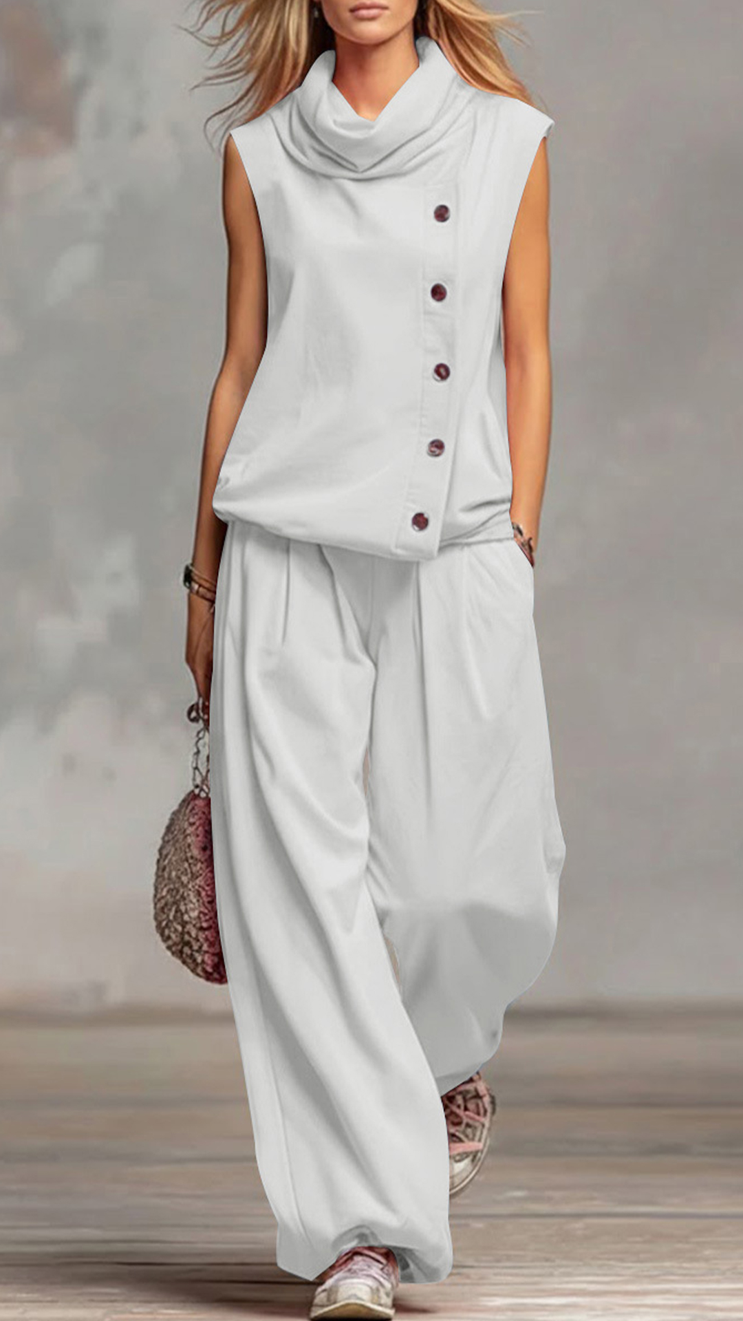 Women's Cowl Neck Sleeveless Top & Wide-Leg Pants Set