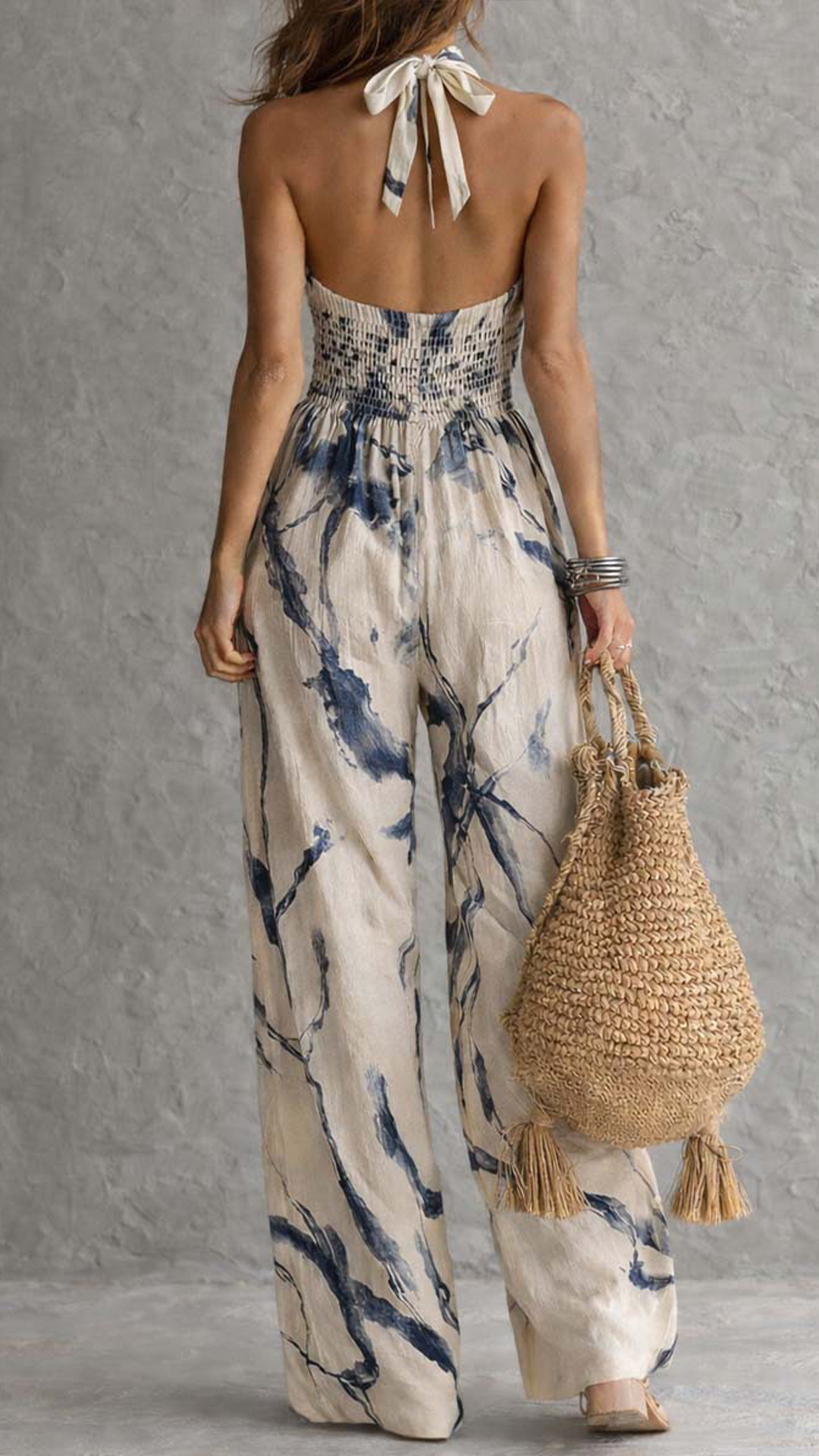 Women's Ink Print Halter Neck Wide-Leg Jumpsuit