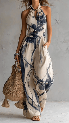Women's Ink Print Halter Neck Wide-Leg Jumpsuit