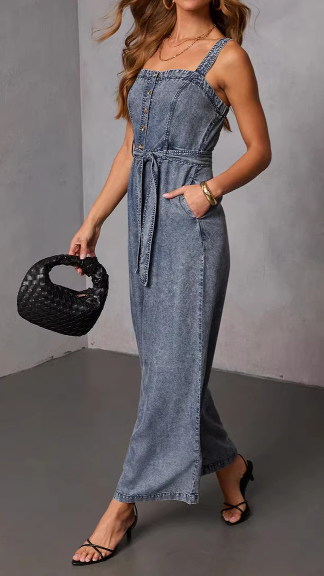 Women's Washed Blue Square-Neck Camisole Denim Waist-Tied Wide-Leg Jumpsuit