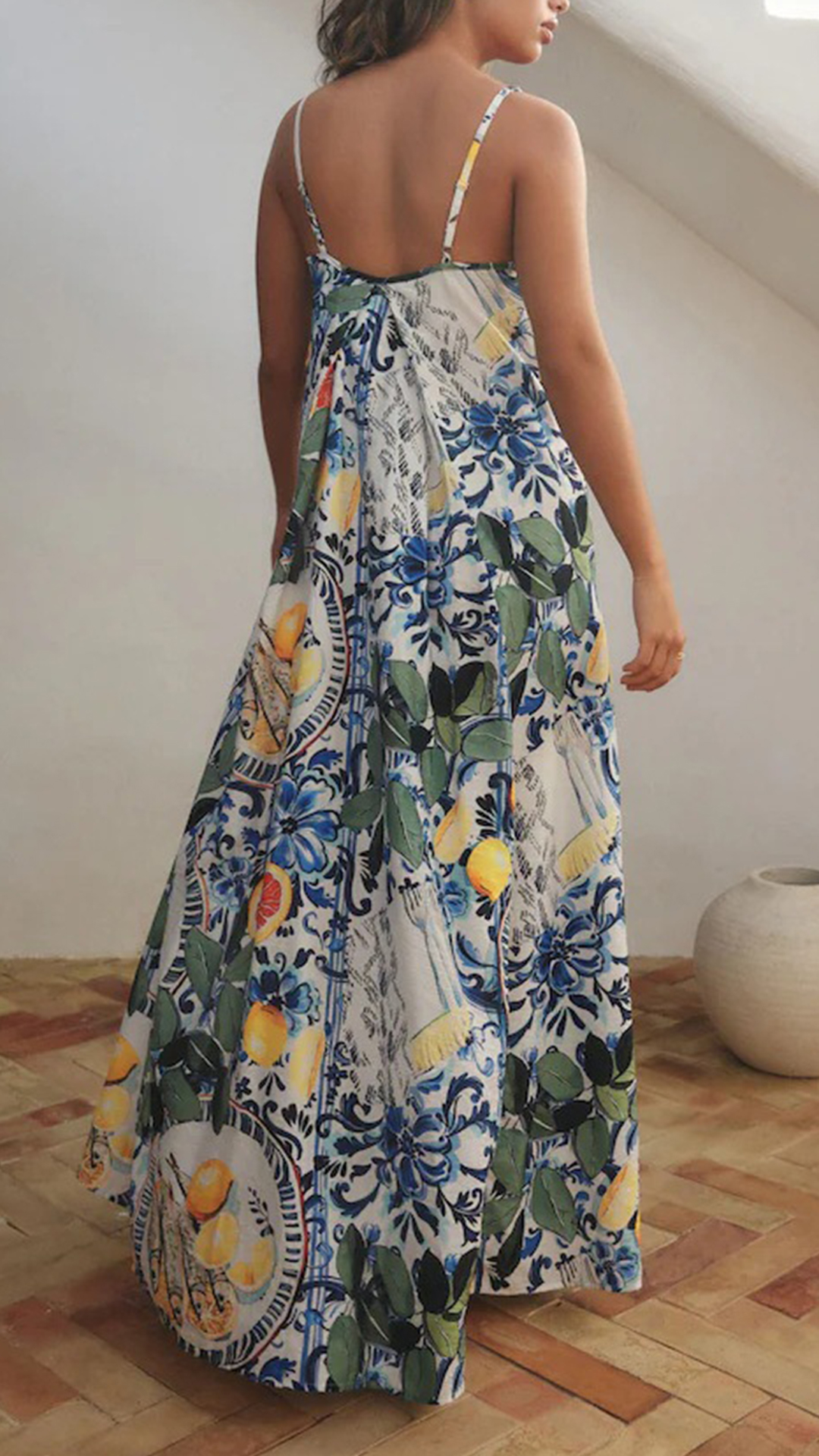 Women's Sicilian Print Cami Cotton-Blend Loose Maxi Dress