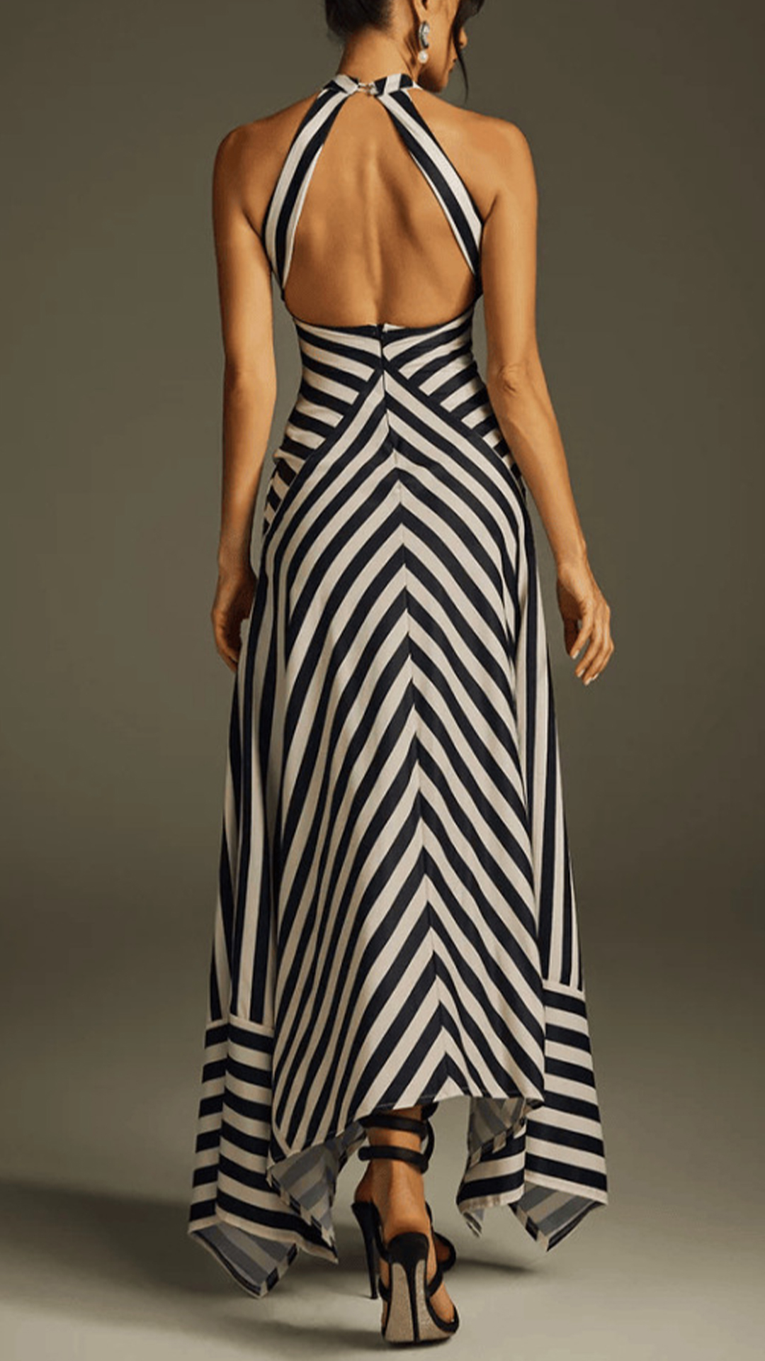 Women's Black & White Striped Halter Cotton-Blend Waisted Asymmetrical Maxi Dress