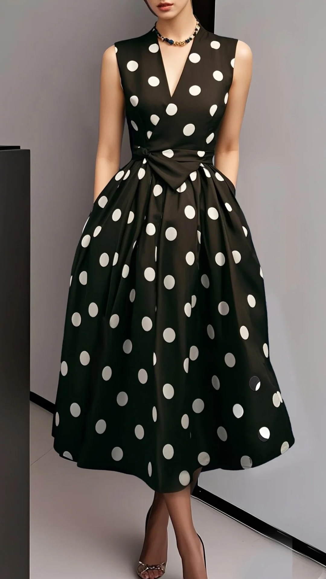 Women's Cotton-Blend V-Neck Polka Dot Tie-Waist Sleeveless Midi Dress