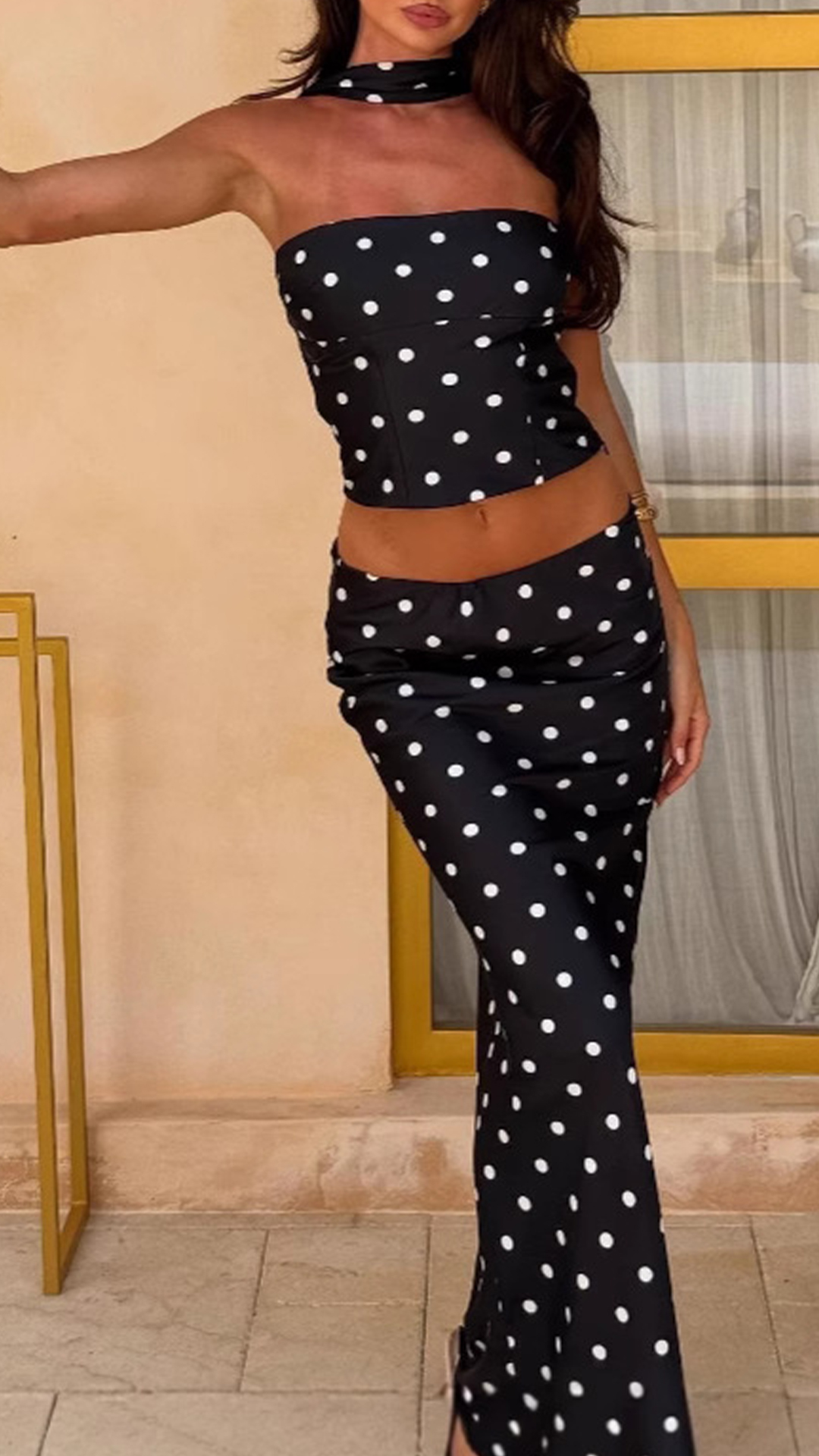 Women's Cotton-Blend Polka Dot Halter Bandeau Maxi Dress Set
