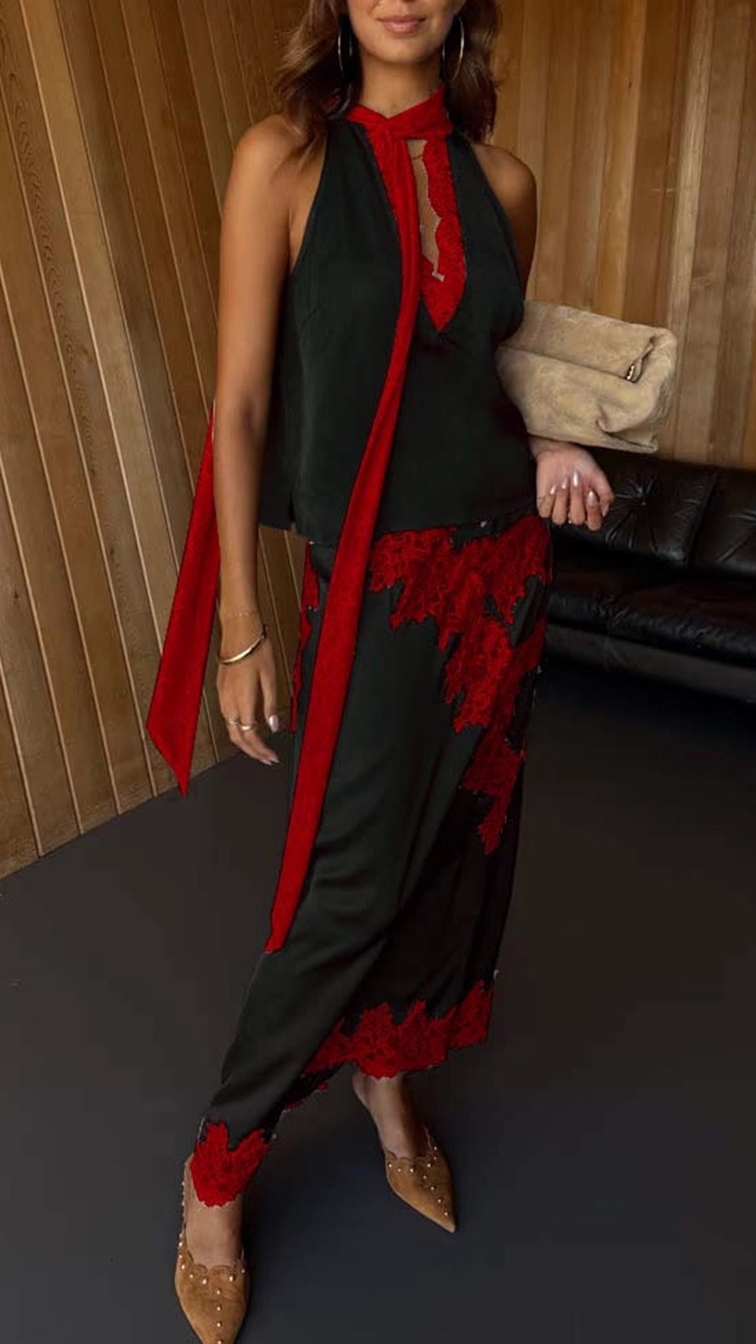 Women's Color-Block Lace Trim Halter Top & Skirt Set