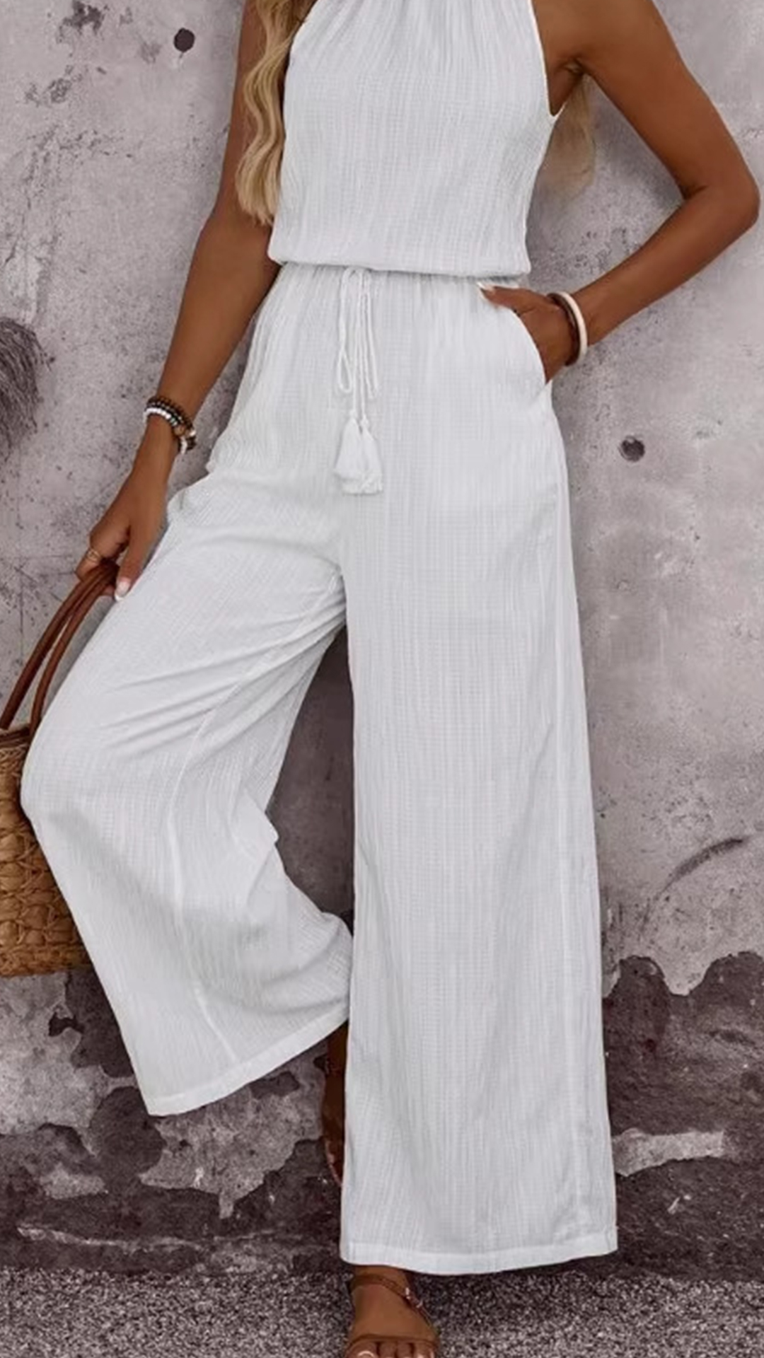Women's Cotton-Blend Halter Sleeveless Top & Wide-Leg Pants Set