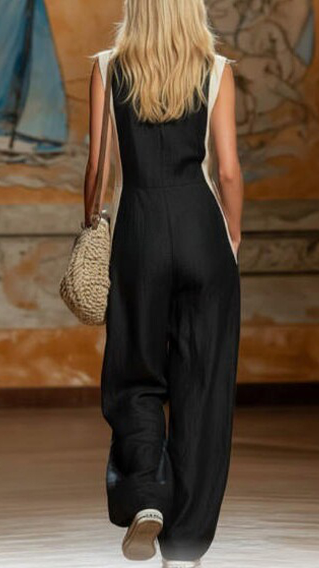 Women's Cotton-Blend Color-Block Sleeveless Wide-Leg Jumpsuit