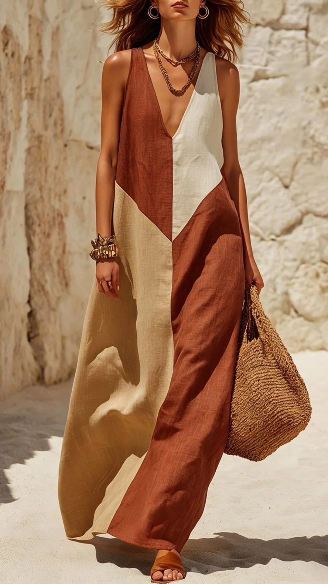 Women's Green & Beige Color Block V-neck Sleeveless Maxi Dress