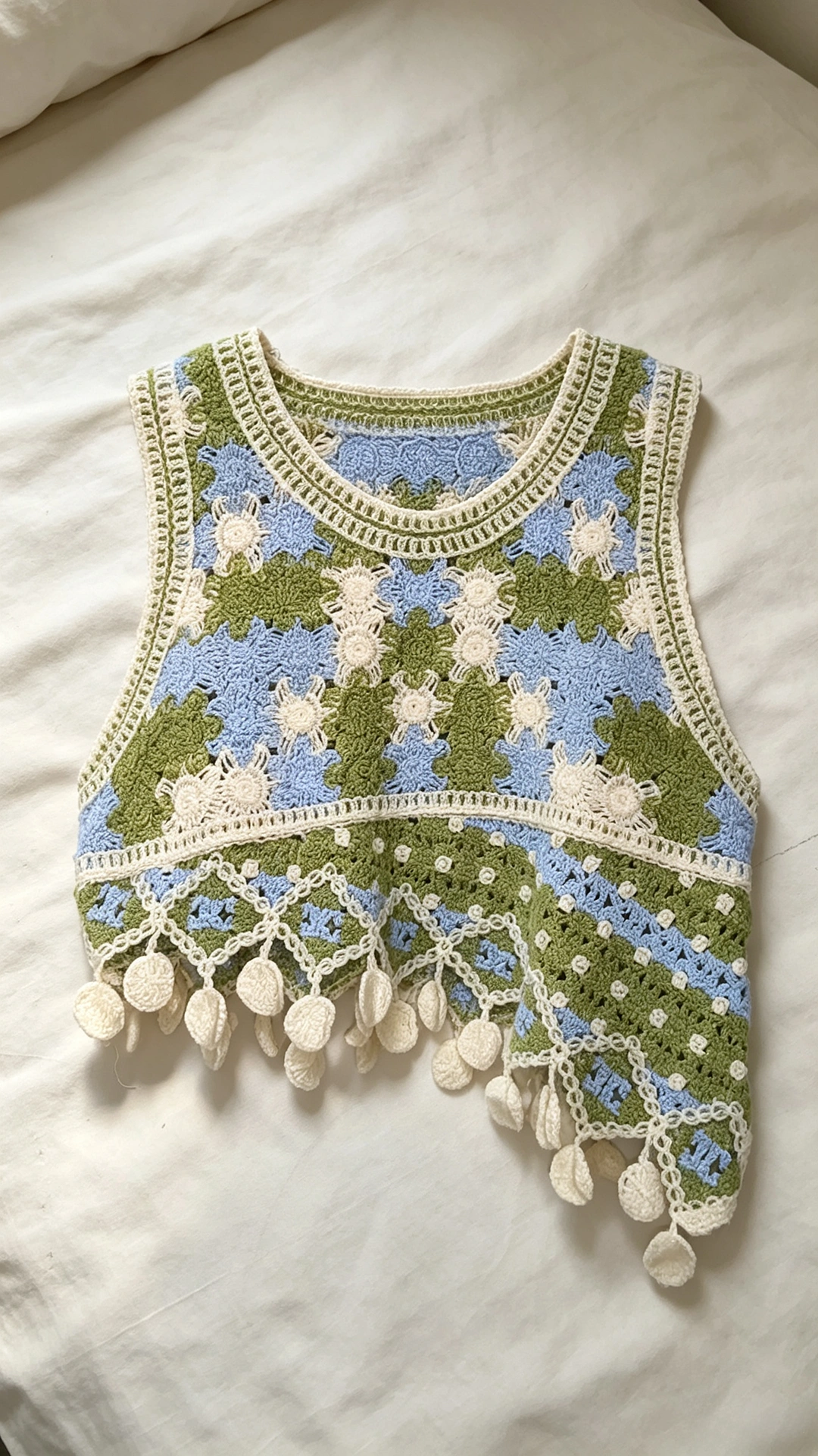 Flat lay of colorful floral crochet crop top showing detailed open knit pattern and decorative edges