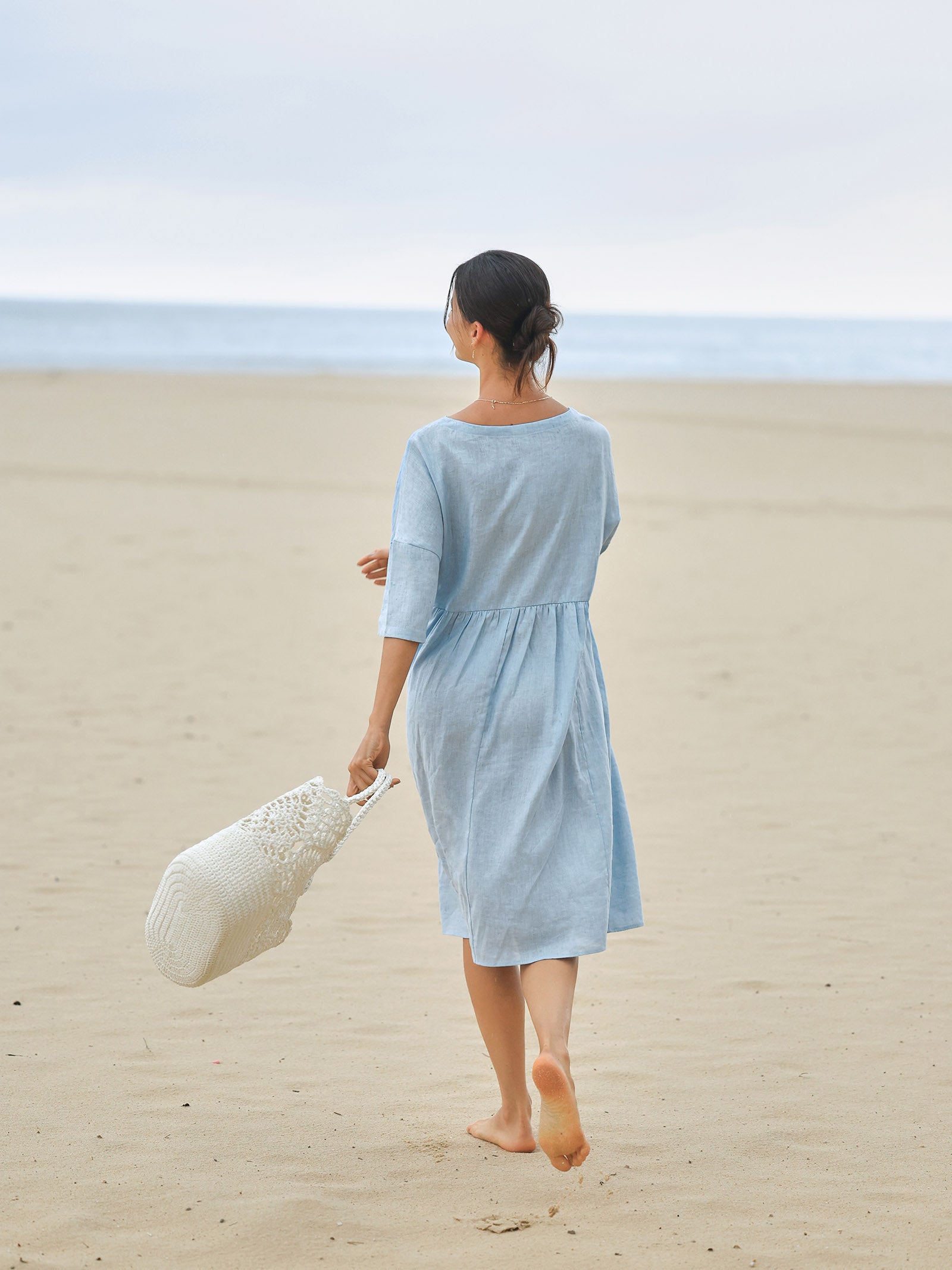 Women's Cotton-Linen Casual Short-Sleeve Dress Loose Fit, Round Neck, Pockets, and Pleated Details