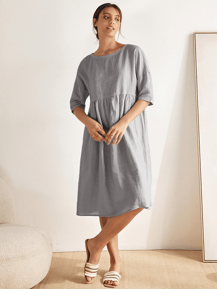 Women's Cotton-Linen Casual Short-Sleeve Dress Loose Fit, Round Neck, Pockets, and Pleated Details