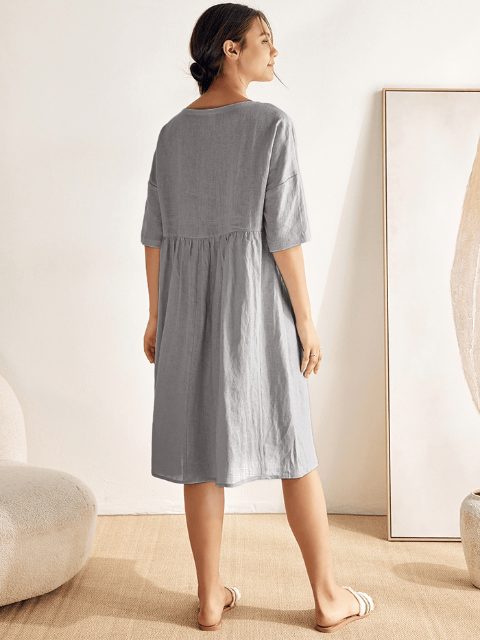 Women's Cotton-Linen Casual Short-Sleeve Dress Loose Fit, Round Neck, Pockets, and Pleated Details