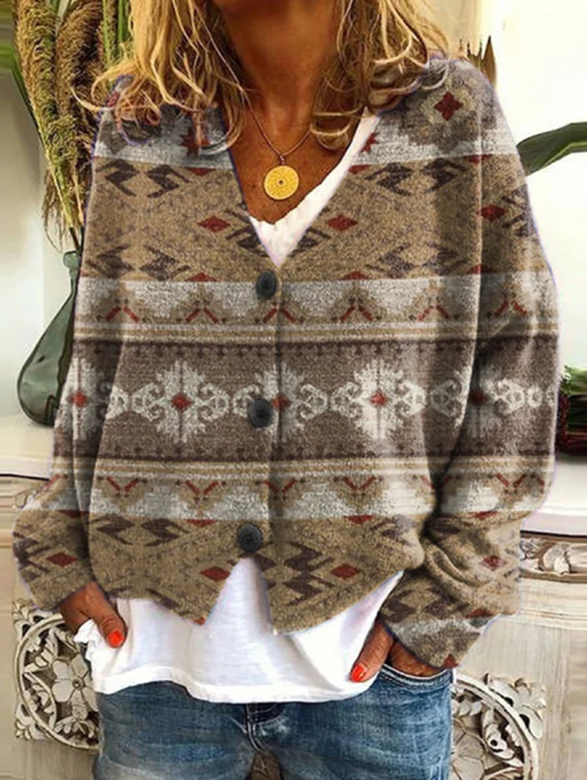 Women's casual floral pattern three-button knitted cardigan sweater