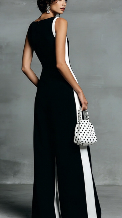 Women's Fashion Black and White Cotton Linen Color Block Thin Strap Jumpsuit