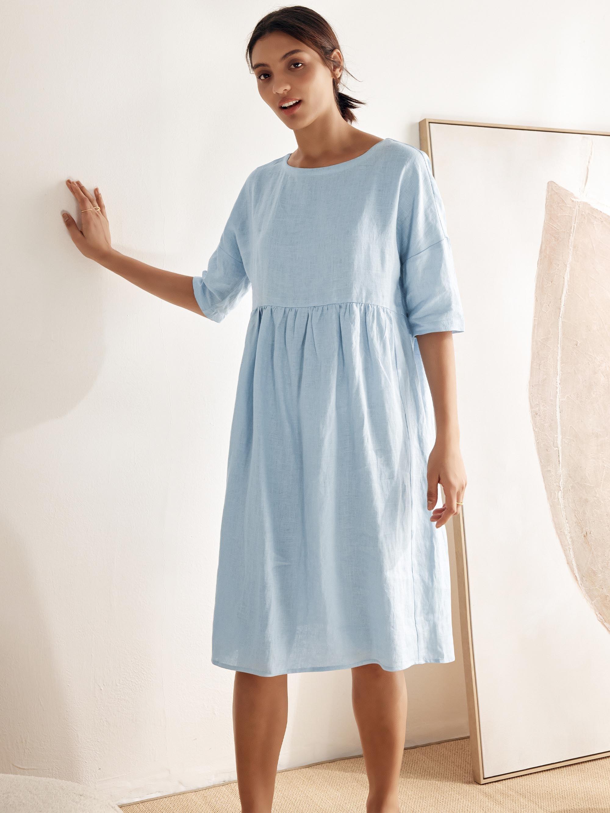 Women's Cotton-Linen Casual Short-Sleeve Dress Loose Fit, Round Neck, Pockets, and Pleated Details
