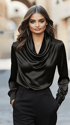 Women's Blouse, Satin Elegant Top, Solid Color Fashionable Everyday Long-Sleeve Cowl Neck Regular Fit Top, Everyday Drape Design