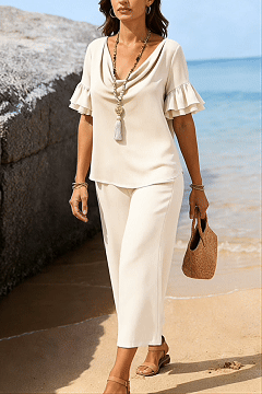Women's two-piece vacation/leisure set with double-layered ruffled sleeves (pre-order item)