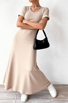 Women's solid color round neck knitted dress, elegant and comfortable (pre-order item)