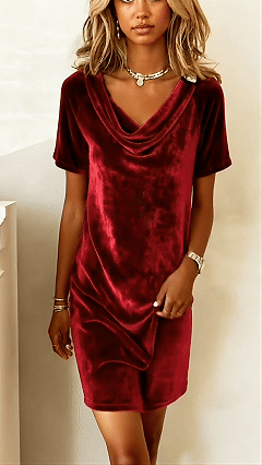 This women's velvet dress with a cowl neck exudes elegance and sophistication.