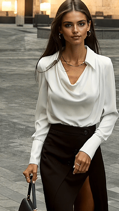 Women's Satin Dressy Elegant Long Sleeve Cowl Neck Blouse White Solid Color Tunic Tops for Office Work White Blue Brown