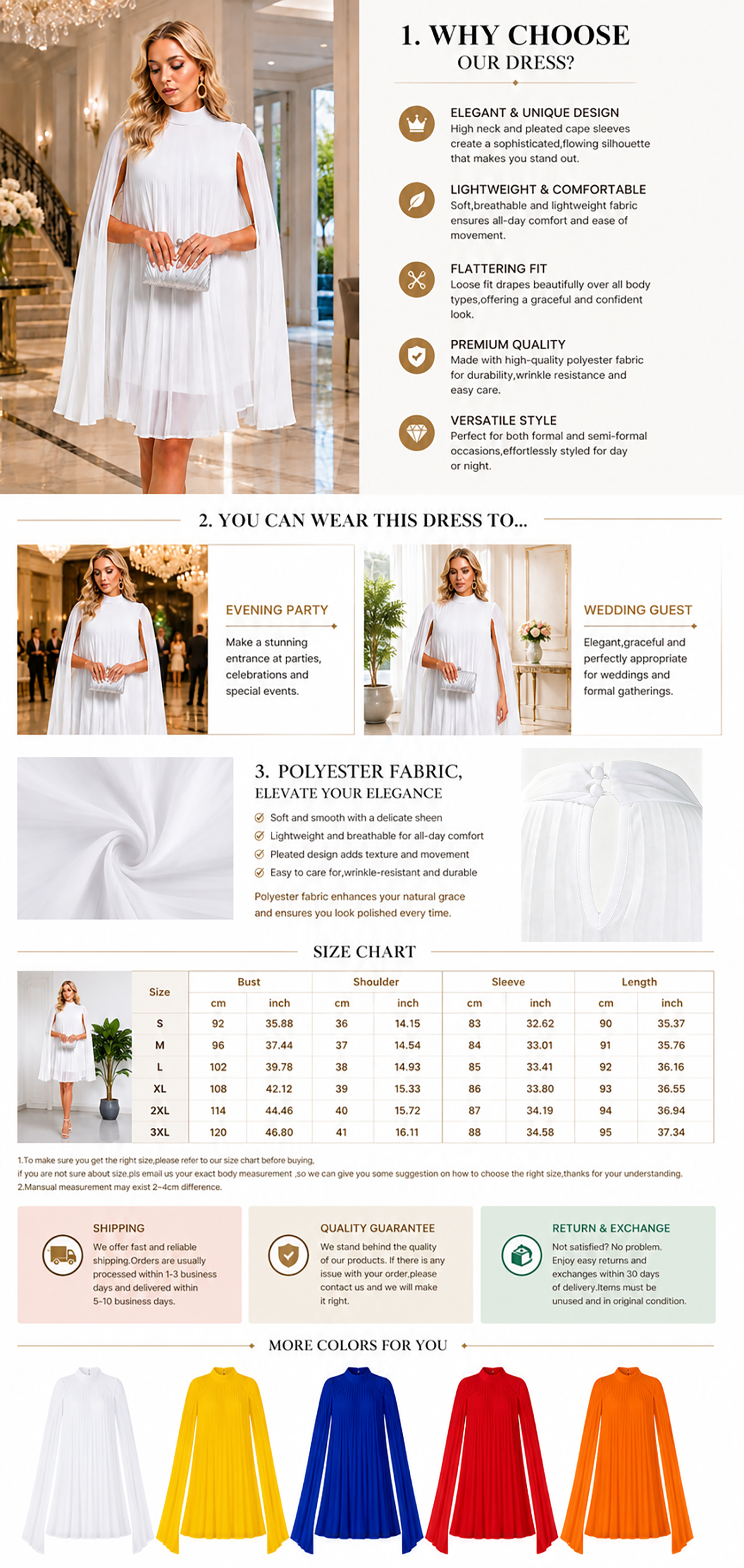 Elegant white cape sleeve dress women featuring flowing chiffon sleeves and pleated waist design, luxury formal mini dress for wedding guests, cocktail parties, evening events and resort occasions