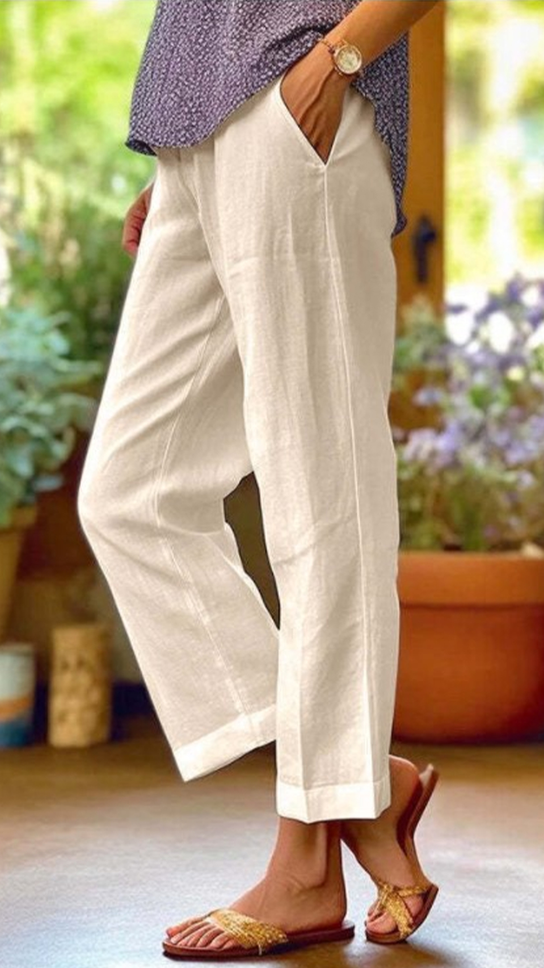 Women's Cotton-linen Solid Color Elastic Waist Pockets Straight Leg Loose-fit Casual Trousers