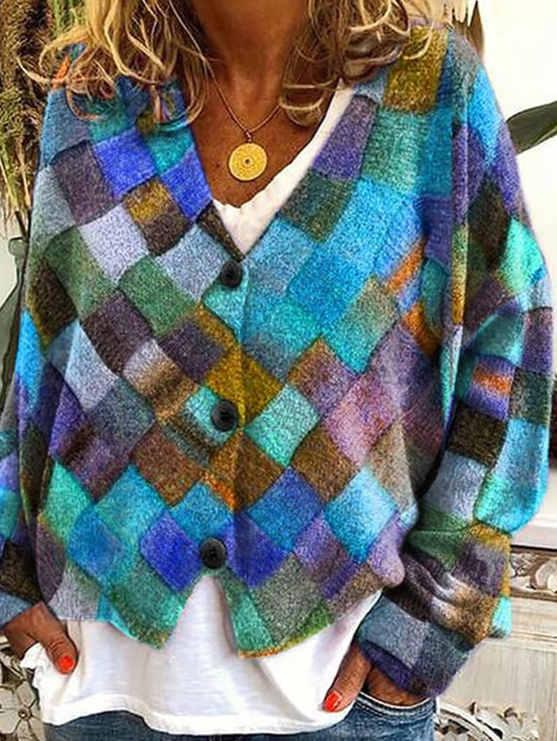 Women's casual floral pattern three-button knitted cardigan sweater