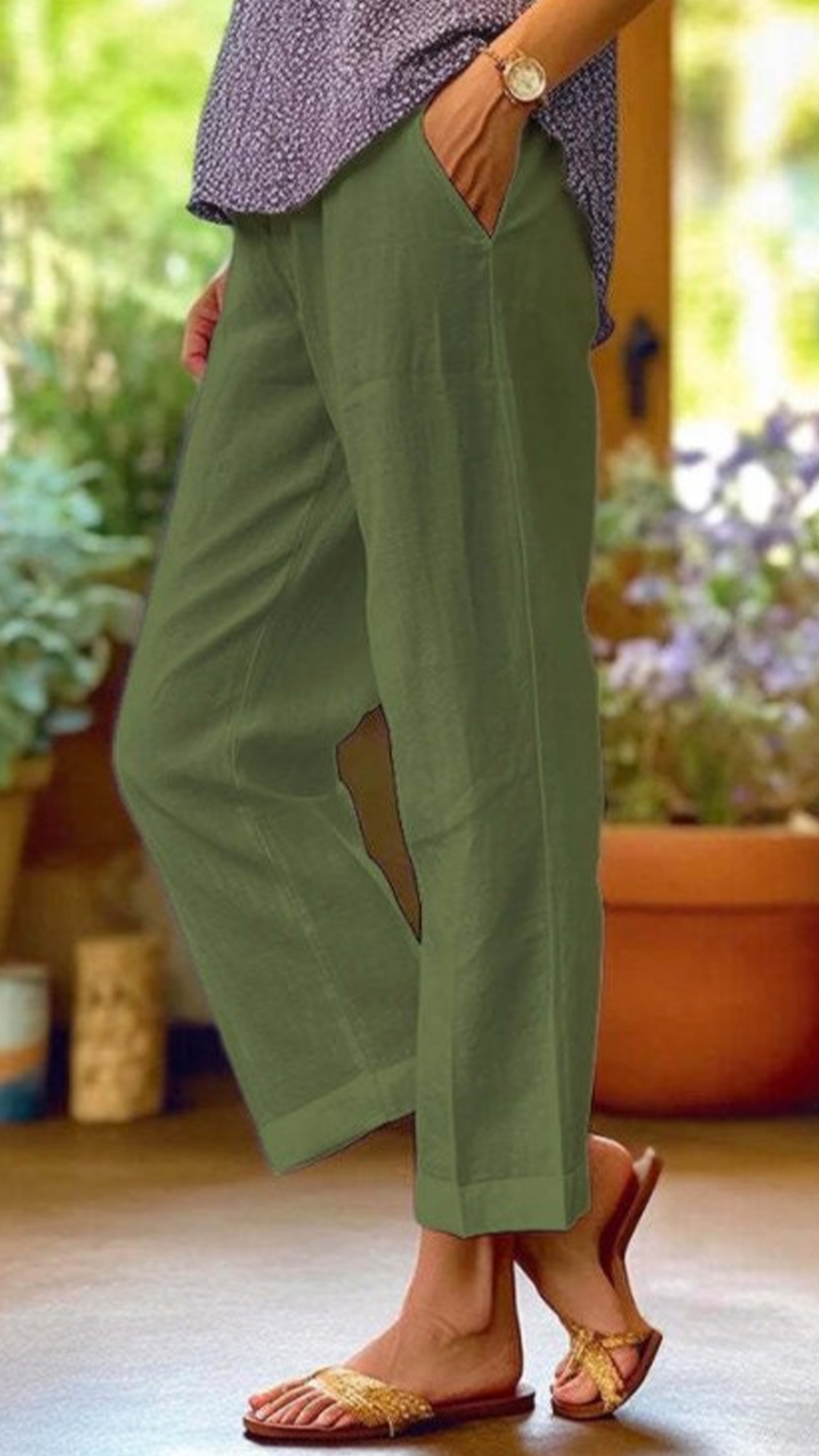 Women's Cotton-linen Solid Color Elastic Waist Pockets Straight Leg Loose-fit Casual Trousers