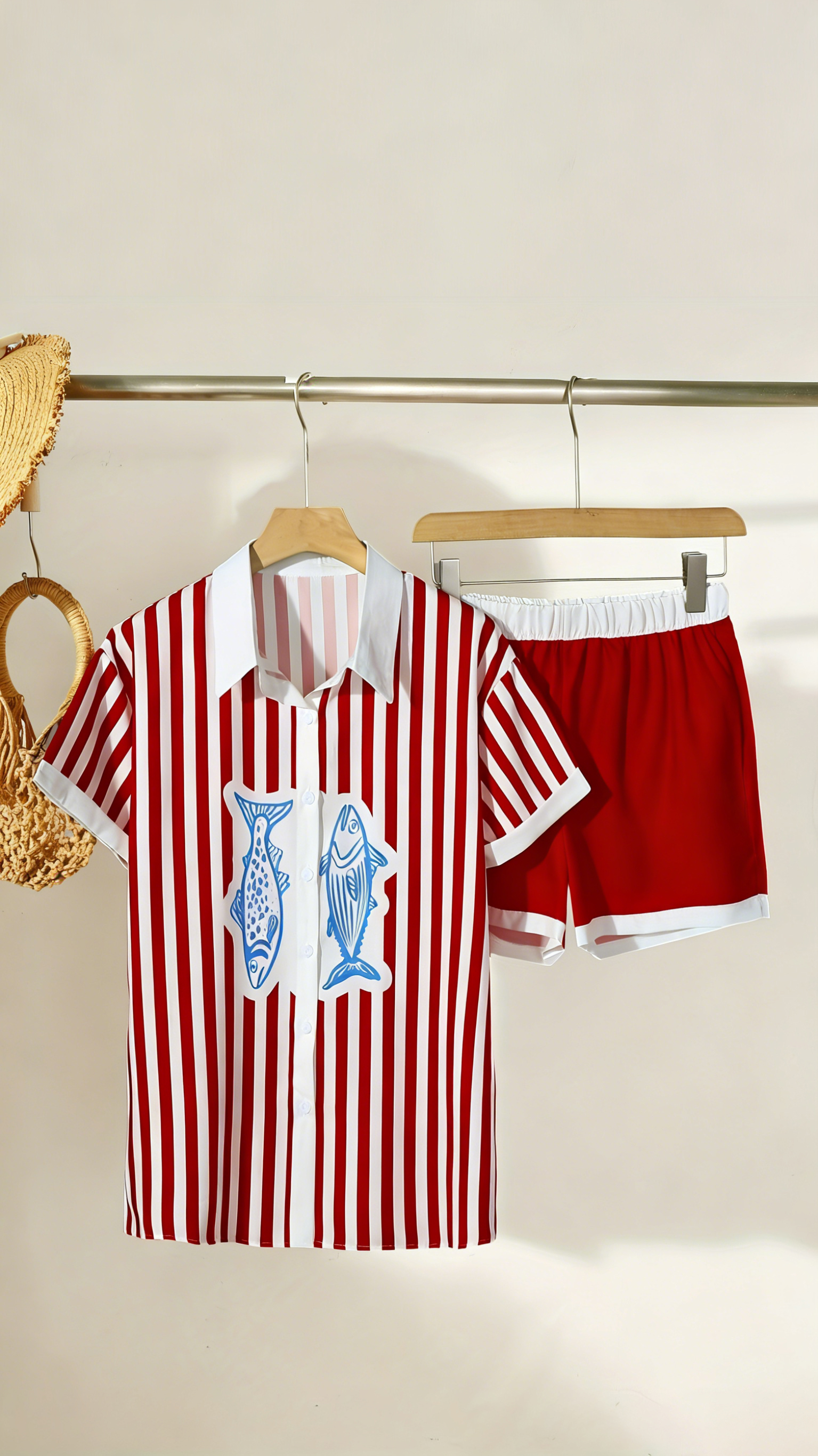 Women's Striped & Color-Block Sardine Print Set — Lapel, Button-Front, Short-Sleeve Top & Shorts