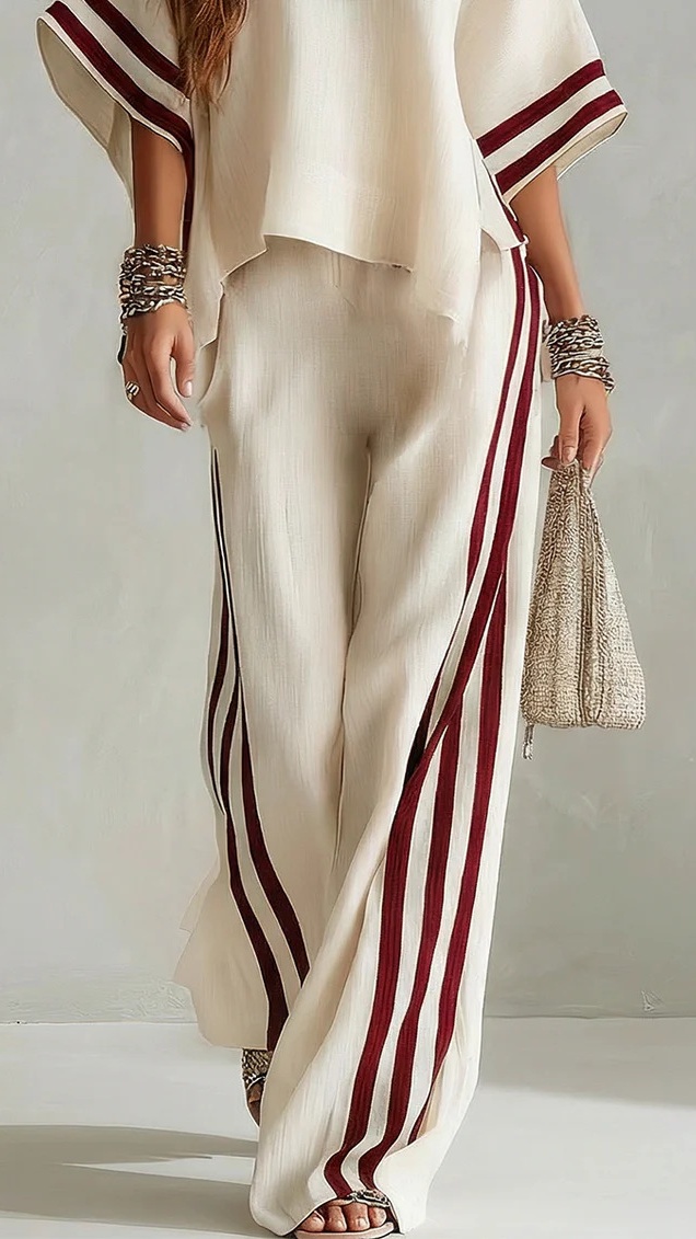 Women's Striped Patchwork Irregular Hem Casual Wide-Leg Pants Two-Piece Set