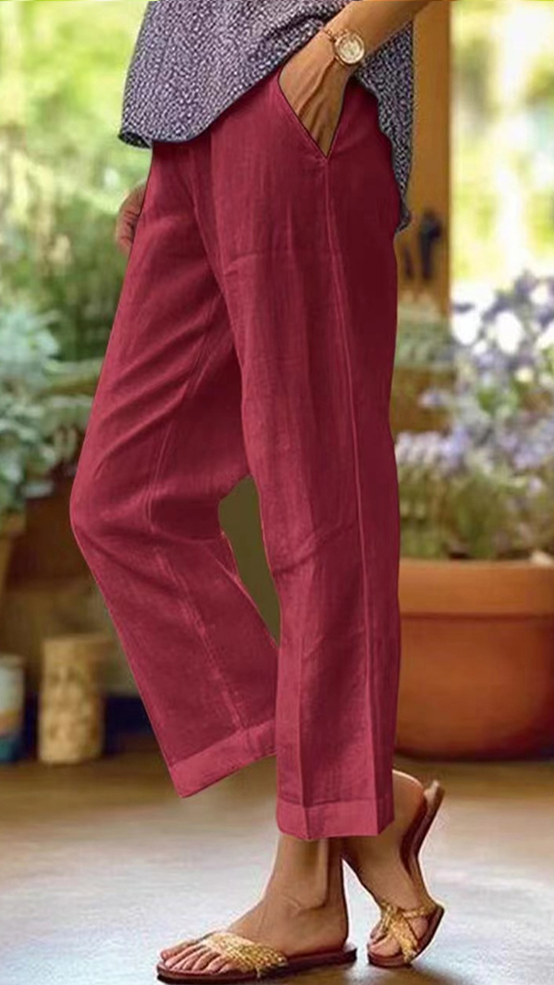 Women's Cotton-linen Solid Color Elastic Waist Pockets Straight Leg Loose-fit Casual Trousers