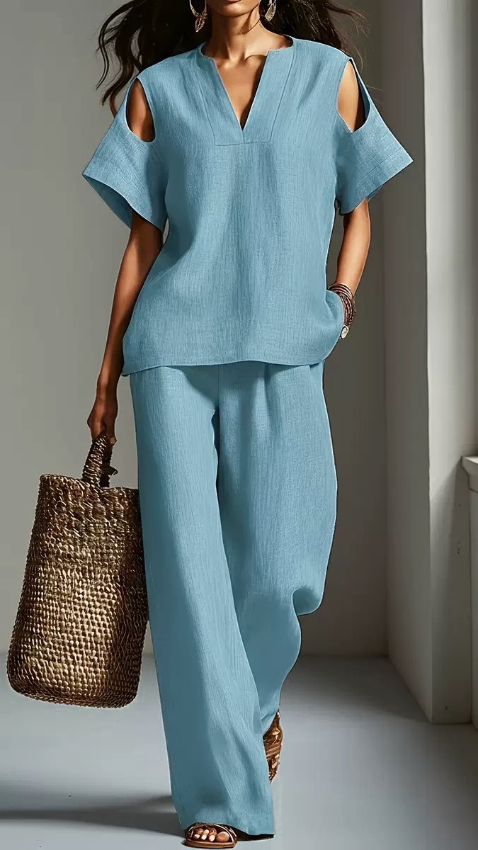 Women's Short-Sleeve Fashion Casual Pants Two-Piece Set
