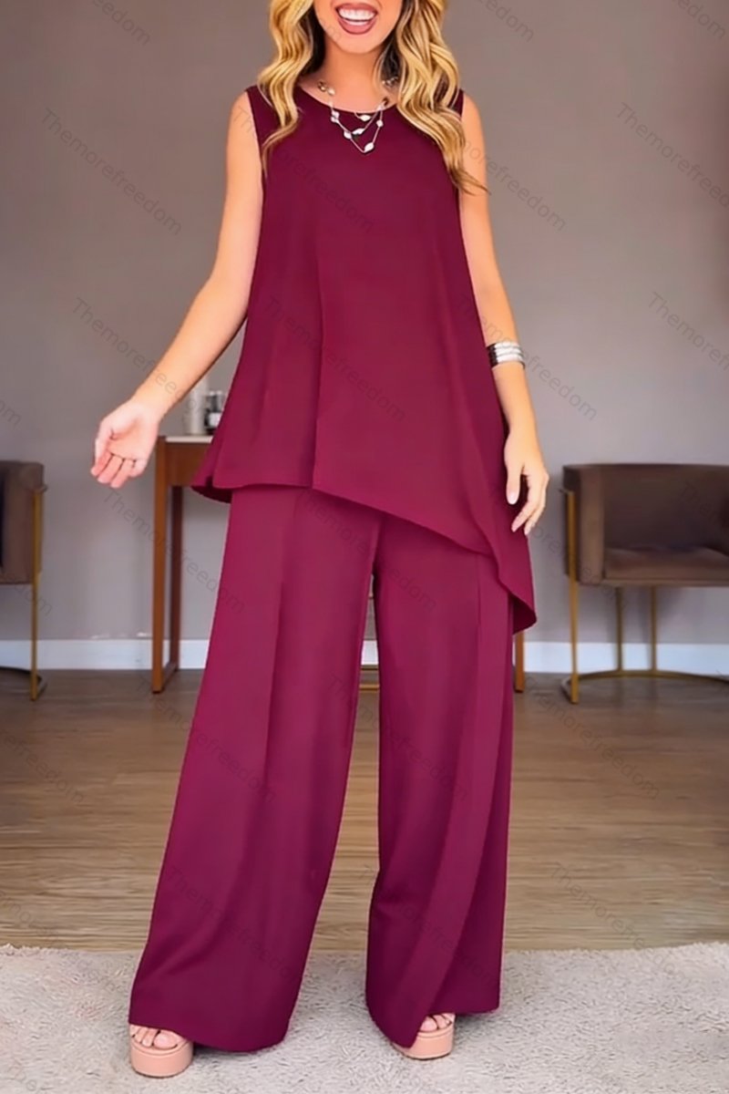 Women's casual vacation round neck sleeveless split two-piece set