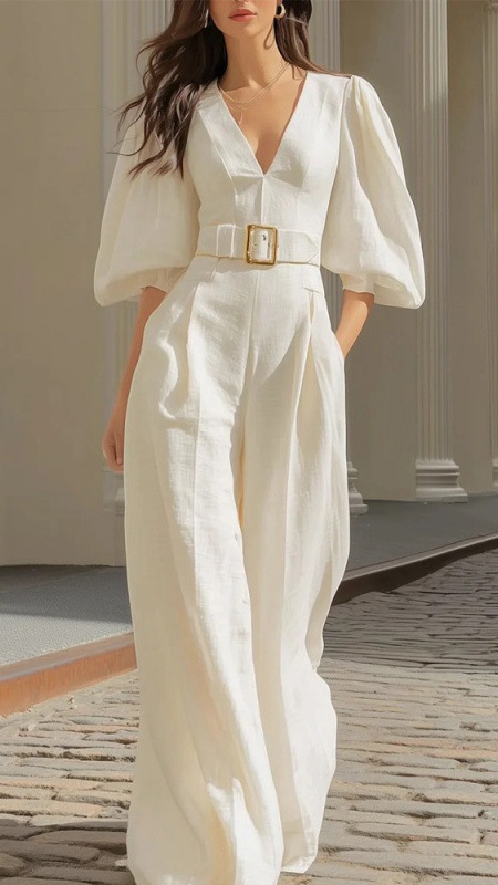 Women's casual solid color deep V-neck loose jumpsuit