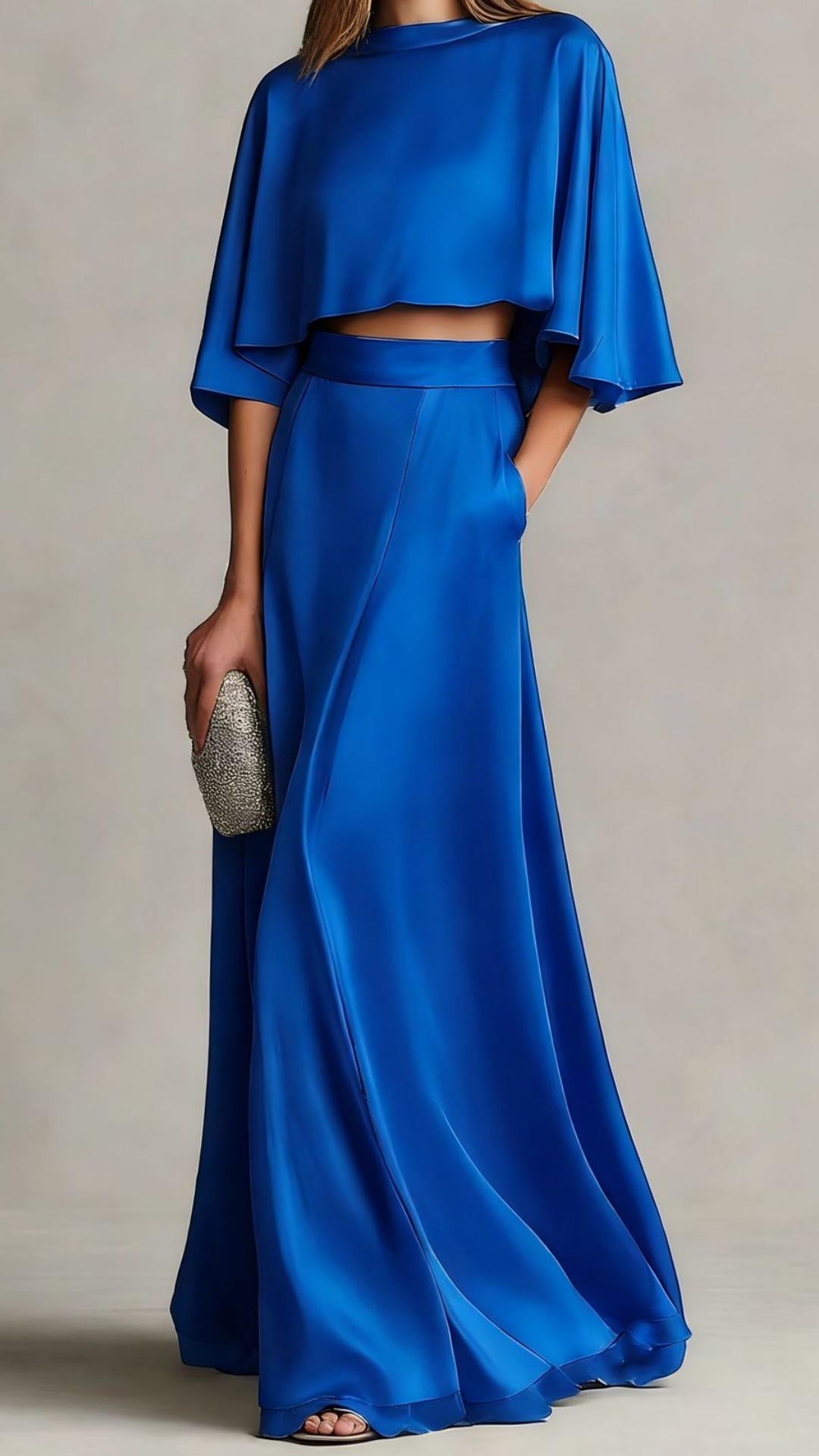 Women's Two-Piece Satin Maxi Dress Set with Shawl Sleeves
