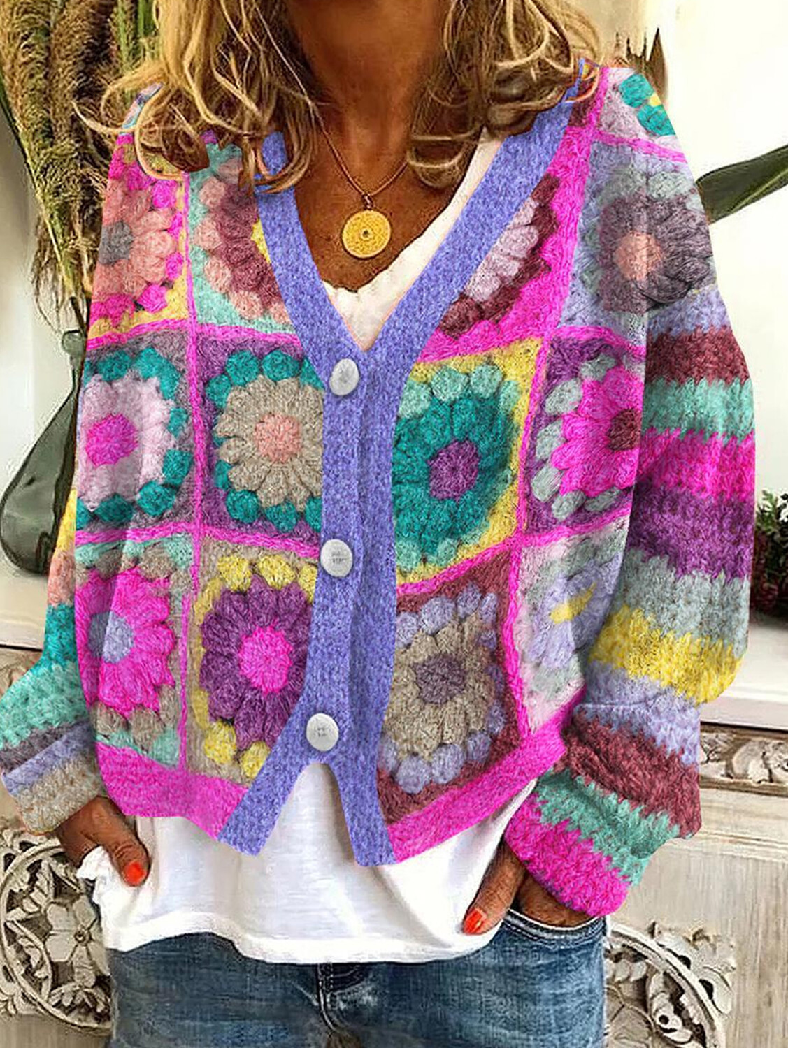 Women's casual floral pattern three-button knitted cardigan sweater