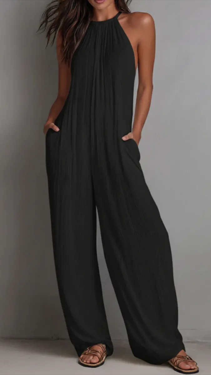 Women Minimalist Halter-neck Loose Cotton-linen Jumpsuit